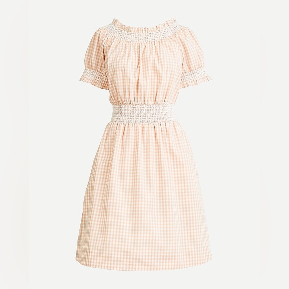Smocked Puff Sleeve JCrew Poplin Dress Gingham Pink Peach Off Shoulder Summer XL